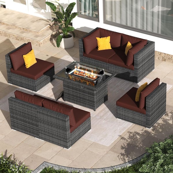 FINCATI Large 7 Piece Charcoal Wicker Patio Fire Pit Conversation Sectional Deep Seating Sofa Set with Dark Red Cushions