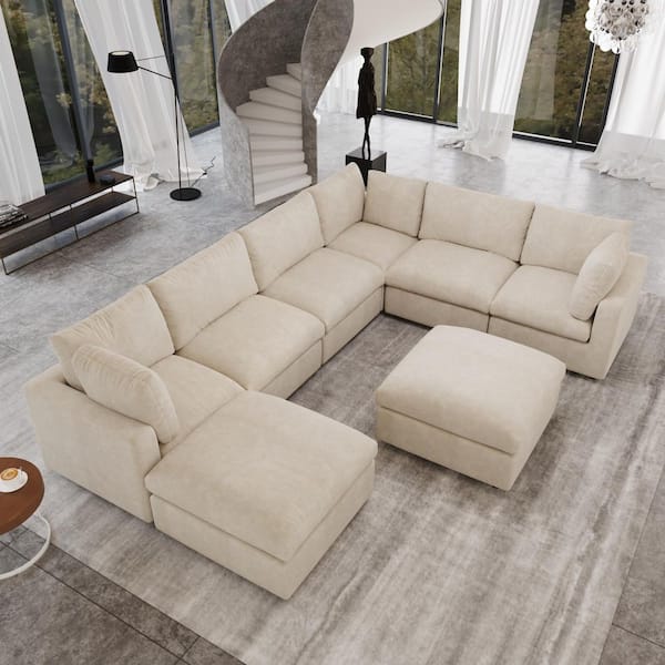 134 in. Square Arm Chenille 8-Piece Modular Free Combination Sectional Sofa with Removable Covers, Ottoman in Beige