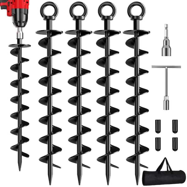 Heavy Duty Spiral Trampoline Anchors with Nut and Tool Swing Set for Sheds, Carports, Mobile Home, Black (4-Pack)
