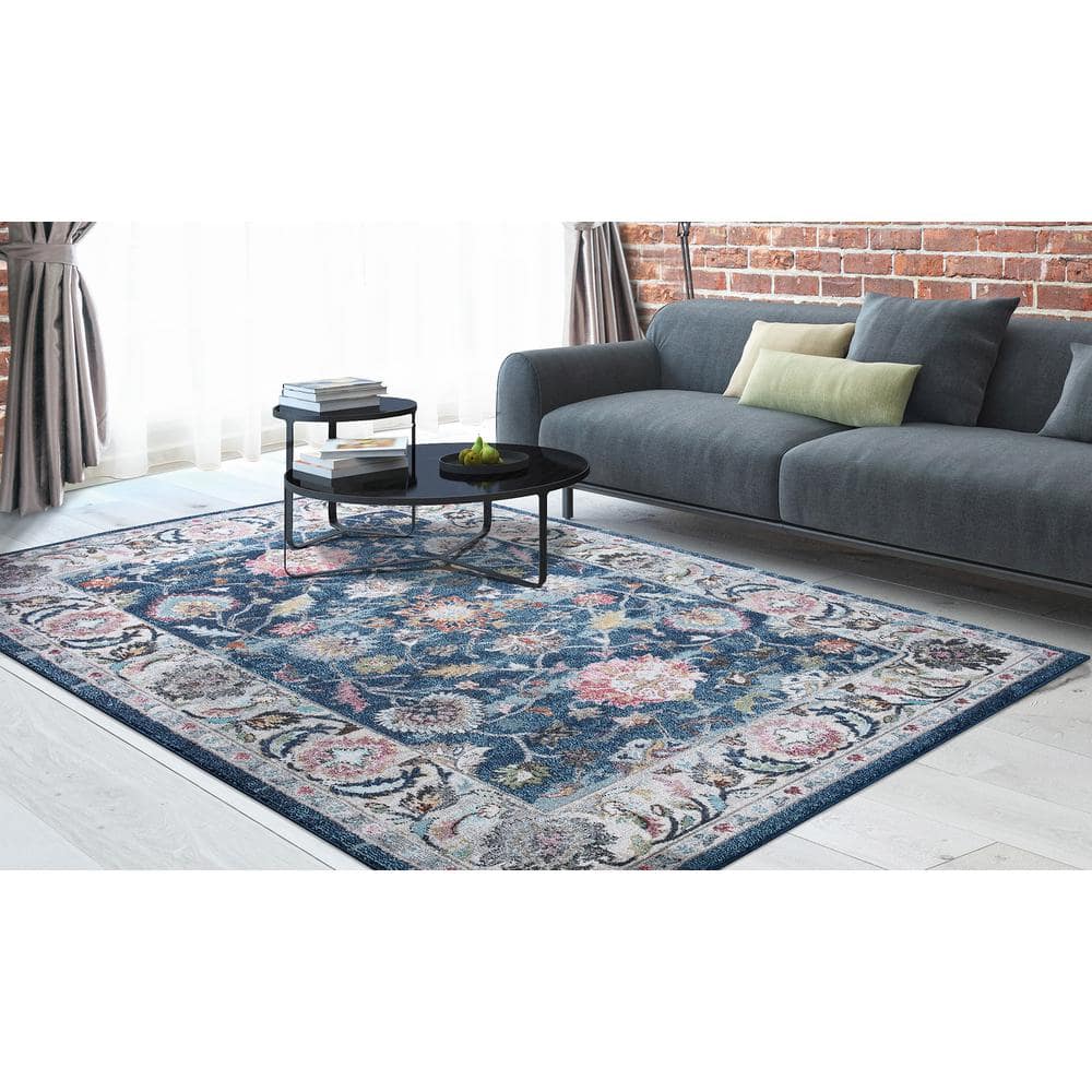 Vintage Navy Blue Polypropylene Border Runner Rug, 2' x 7'