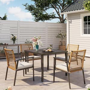 Brown 4-Piece Wicker Square Outdoor Dining Set with Beige Cushions