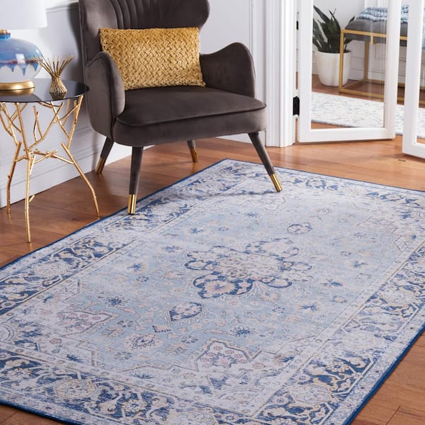 Tuscon Light Blue/Navy Doormat 3 ft. x 5 ft. Machine Washable Distressed Floral Border Area Rug