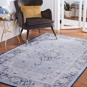 Tuscon Light Blue/Navy 8 ft. x 10 ft. Machine Washable Distressed Floral Border Area Rug