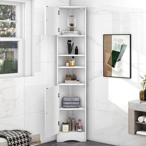 14.6 in. W x 9.7 in. D x 66.9 in. H White MDF Board Freestanding Corner Linen Cabinet with Adjustable Shelves in White