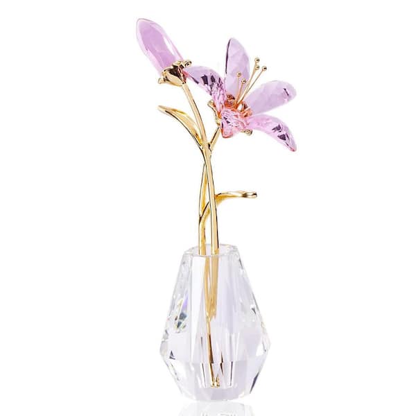Unbranded 5.89 in .x 1.59 in. Crystal Lily Figurine with Stems:Handmade Collectible Decor, Pink - Mother's Day/Bridal Shower Gift