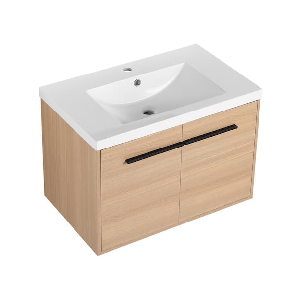 Unbranded 30 in. W x 18 in. D x 18.9 in. H Single Sink Wall Mounted Bath Vanity in Oak with White Ceramic Top and 2 Door