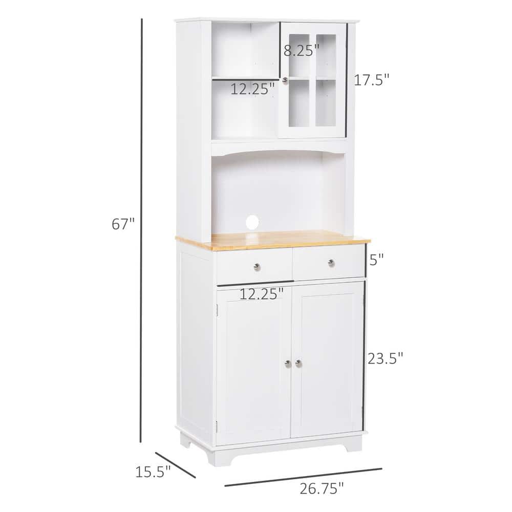 White Recessed Panel Kitchen Buffet with Hutch and Rubberwood Countertop