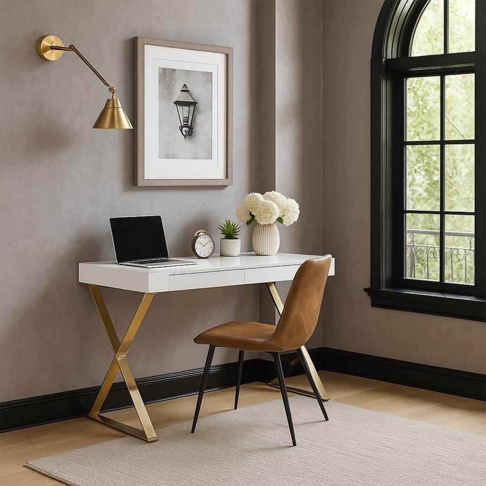 Rix 24 in. Rectangular White Wood 2-Drawer Writing Desk with Gold Metal Base