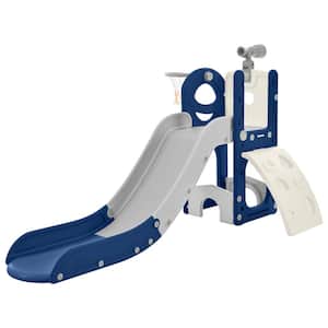 Blue and Gray 5-in-1 Freestanding Spaceship Playset with Slide, Telescope and Basketball Hoop