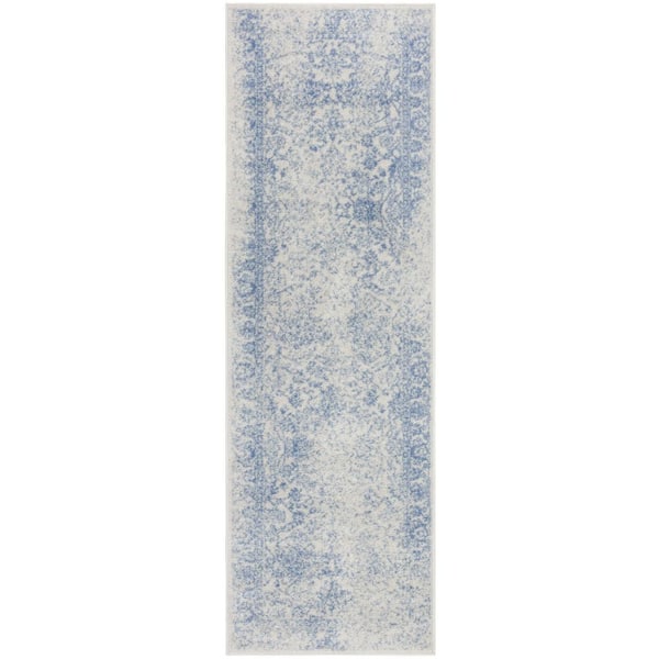 Adirondack Ivory/Light Blue 3 ft. x 16 ft. Border Distressed Runner Rug