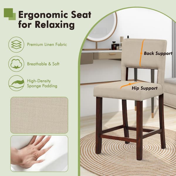 Costway 24.5 in. Beige Upholstered Linen Bar Stools Wooden