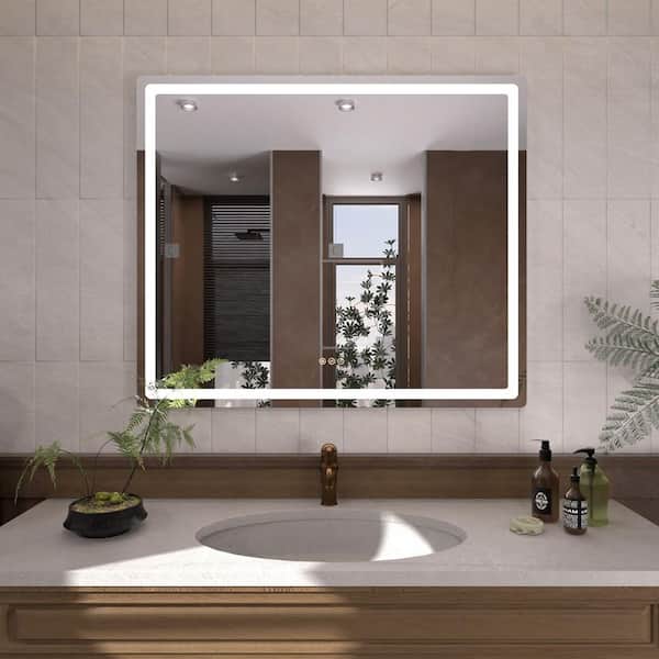 TMMU 42 in. W x 36 in. H Round Corner Rectangular Frameless Wall Mount LED Bathroom Vanity Mirror in Polished Crystal