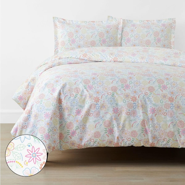 Company Kids White Multi Floral Dream Organic Cotton Percale Queen Duvet Cover Set