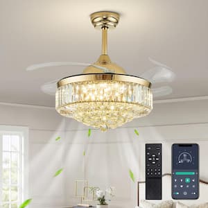 42 In. Indoor Gold Smart Retractable Crystal Ceiling Fan with Adjustable LED Light Included with Remote and App Control
