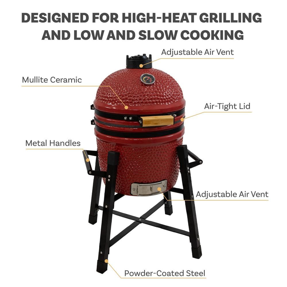 Red Ceramic Kamado Egg Grill with Smoker and Stand