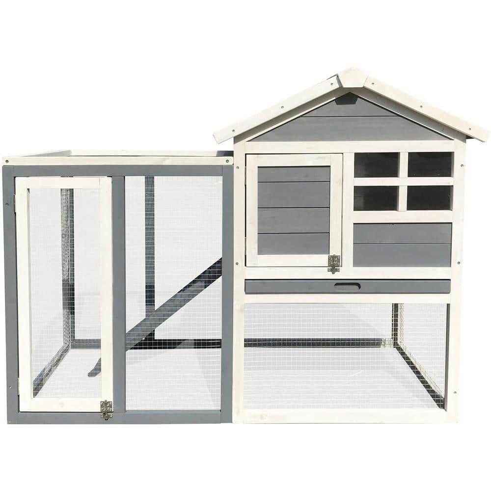 Gray and White Wooden Rabbit Hutch with Wire Mesh Run