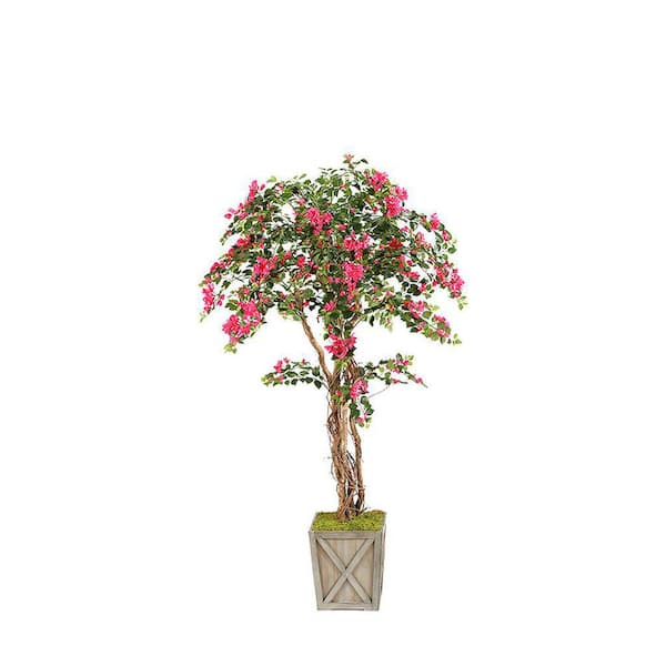 7 ft. Artificial Bougainvillea Tree in Weathered Wooden Planter-Tall Faux Blooming Tree for Living Room or Office