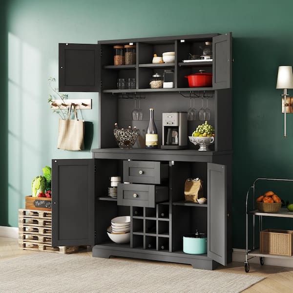 15.51 in. W x 47.32 in. D x 73.82 in. H Pantry Organizer Buffet with Hutch in Black with Drawers shelves and cabinets