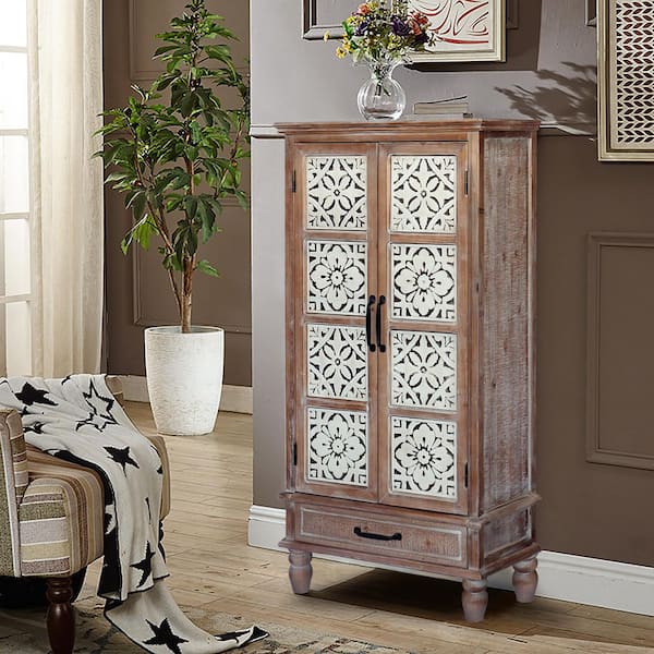 Rustic Natural and White 55.11 in. H Accent Cabinet with 2-Shelves and 1-Drawer