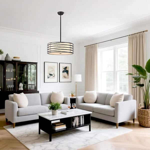 5-Light Black Modern Drum Chandelier With Fabric Shade for Dining Room