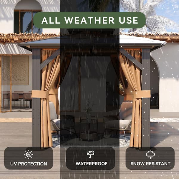 Sizzim 8 ft. x 8 ft. Brown Outdoor Gazebo, Polycarbonate Double