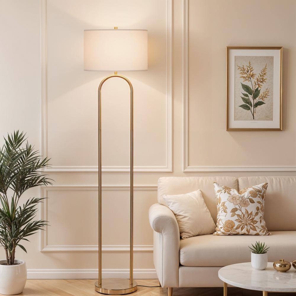 64" Gold Floor Lamp with White Linen Drum Shade