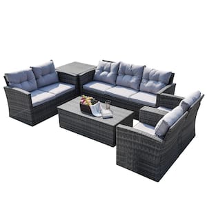 Hermione Gray 6-Piece Wicker Patio Conversation Set with Gray Cushions and Storage Box