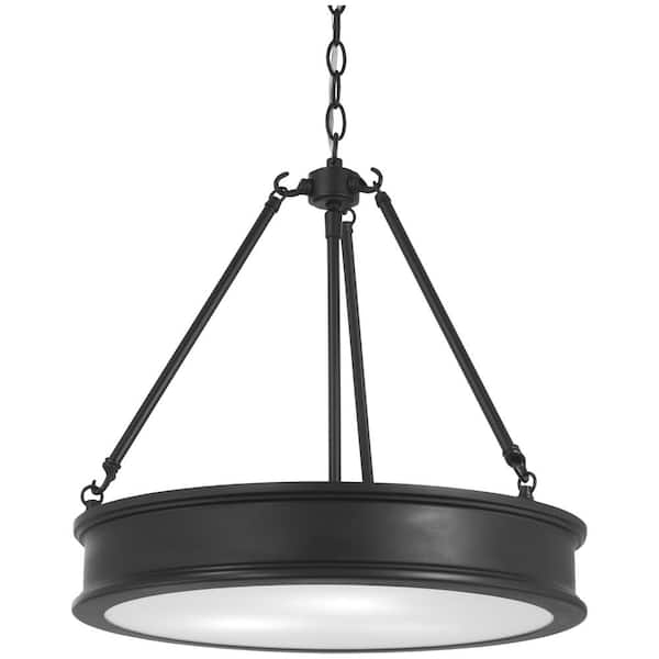 Minka Lavery Harbour Point 3-Light Black Drum Pendant with Etched White Glass Shade