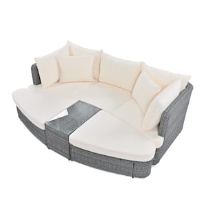 6-Piece Patio Outdoor Round Conversation Set Sofa, PE Wicker Rattan Separate Seating Group with Table, Beige Cushions