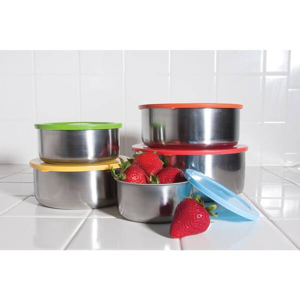 Set of 5 Stainless Steel Food Containers Mixing Bowls Serving Lunch Box w/ Lids 