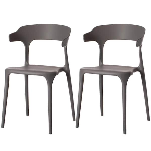 FABULAXE Modern Plastic Outdoor Dining Chair with Open U Shaped Back in Grey (Set of 2)
