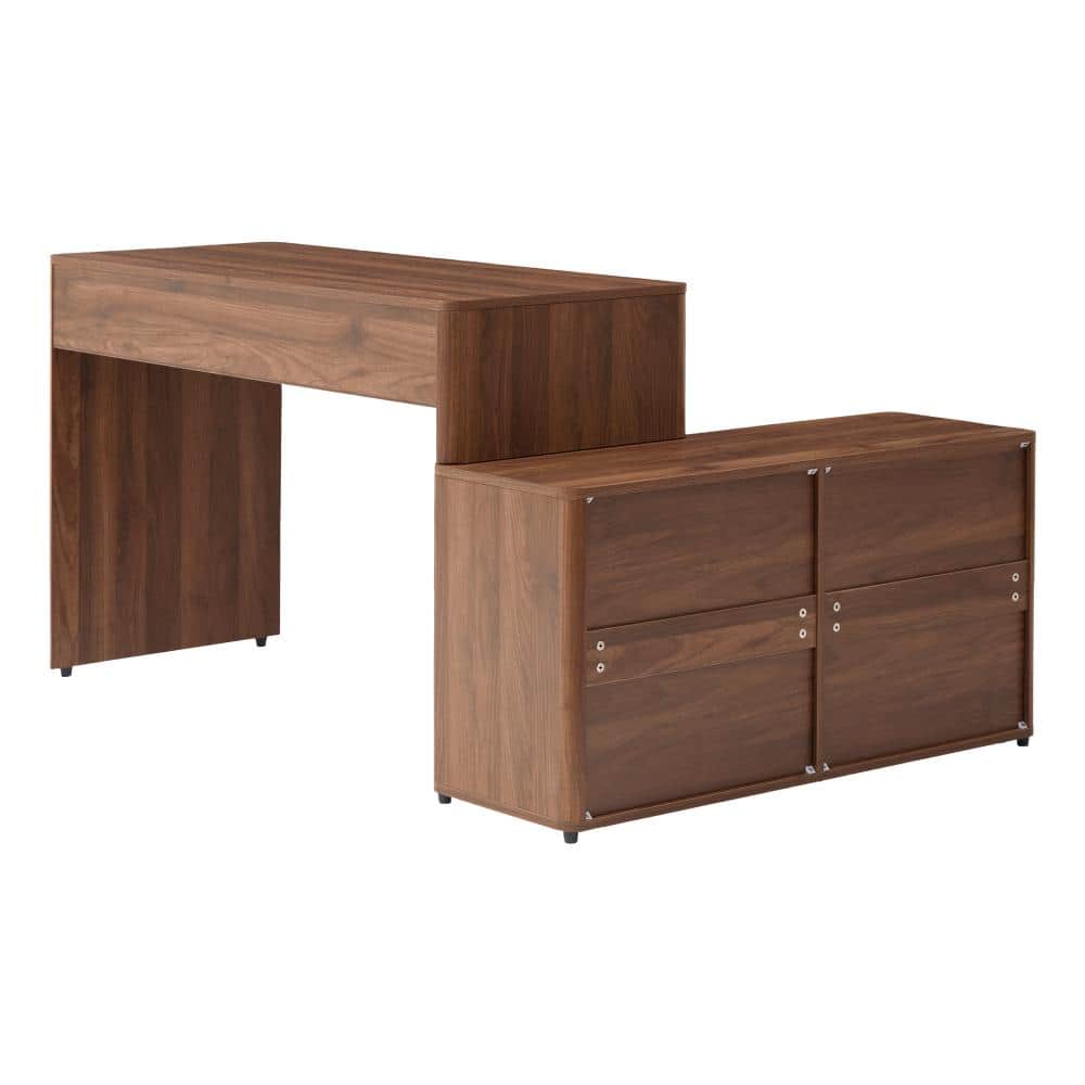 Walnut Convertible Fluted Modular Office Desk, Multi Layout Writing Workstation with Storage Cabinet & Pull-Out Drawer