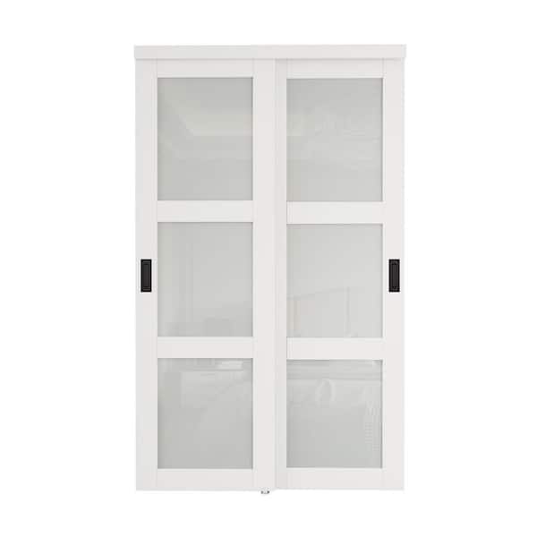 48 in. x 80 in. 3-Lite Frosted Glass White Finished MDF Interior Closet Sliding Door with Hardware and Black Handles