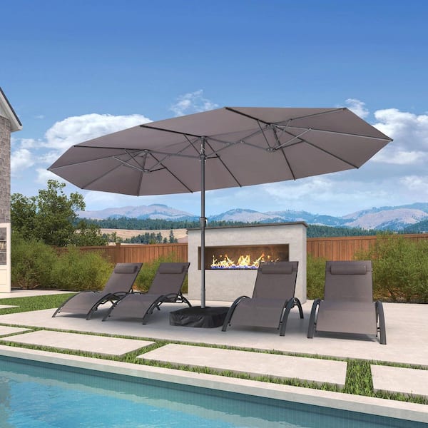PURPLE LEAF 15 ft. Gray Aluminum Market Patio Umbrella with Double-Sided Outdoor Table Sun Umbrellas with Base in Light Gray