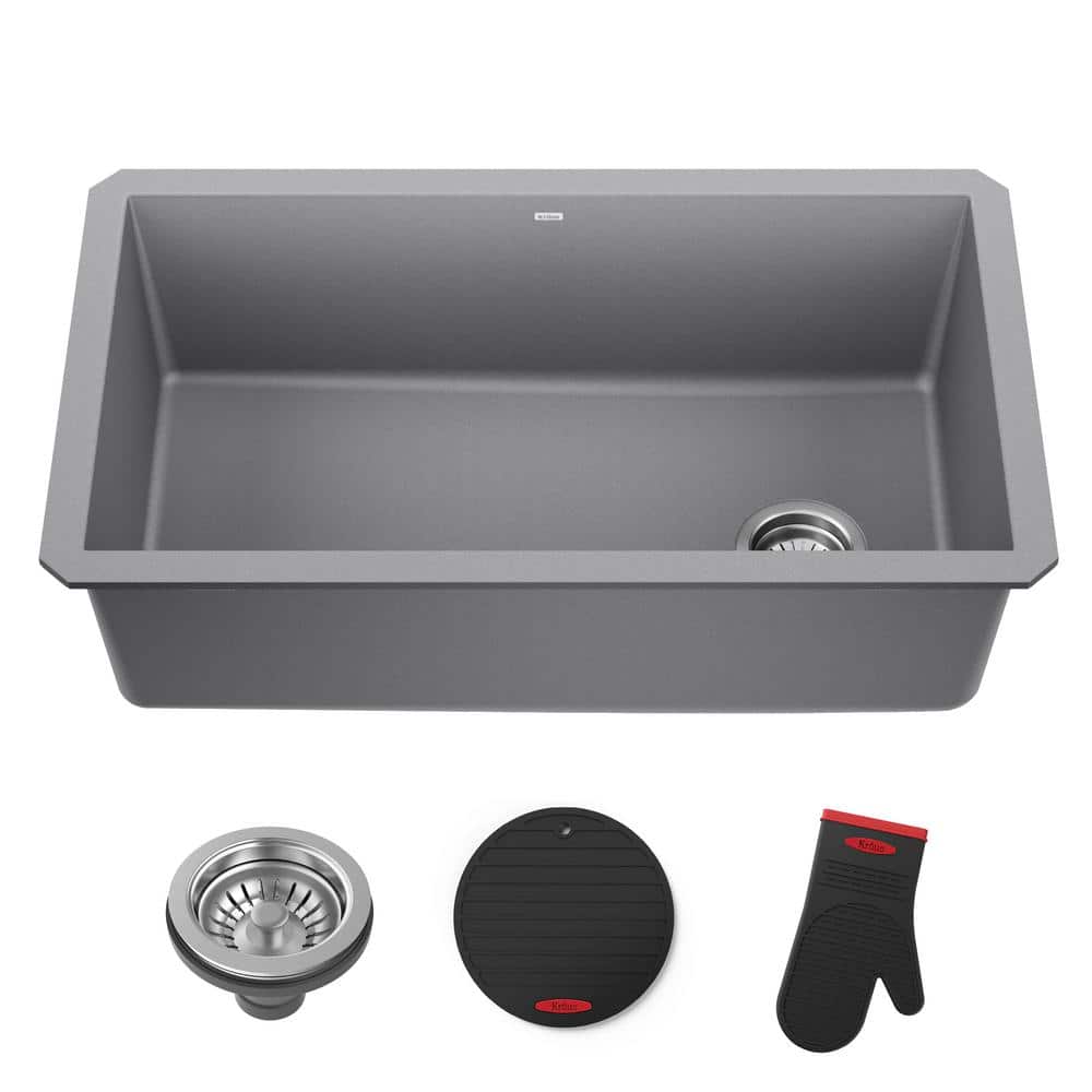 Gray 32-inch Undermount Single Bowl Granite Kitchen Sink
