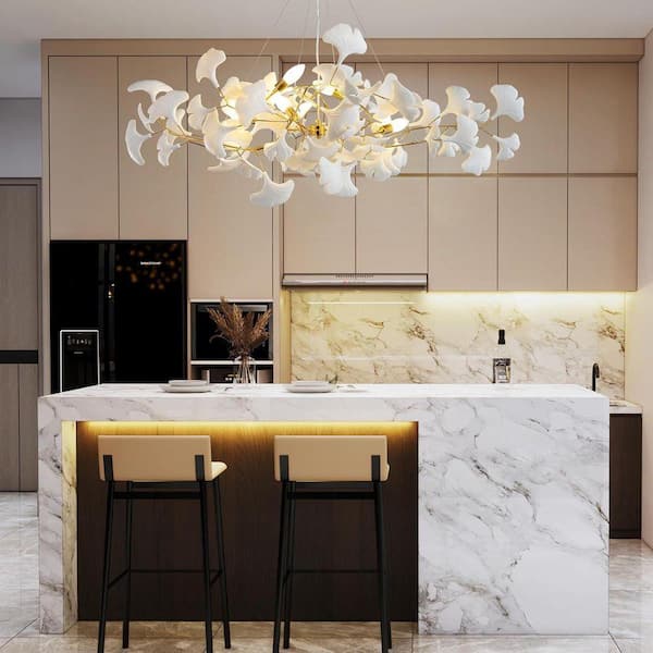 Gleam Flare 9-Light Silver Chandelier, Luxury Ceramic Ginkgo