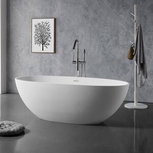 65 in. Solid Surface Stone Resin Flatbottom Non-Whirlpool Freestanding Soaking Bathtub in Matte White