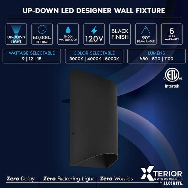 8 in. Black Outdoor LED Up and Down Wall Sconce Light Fixture 3CCT 3000K-5000K 9-Watt/12-Watt/15-Watt ETL IP65
