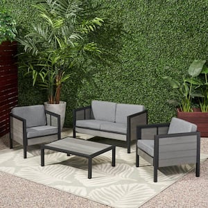 Jax Black 4-Piece Faux Wood Patio Conversation Seating Set with Grey Cushions
