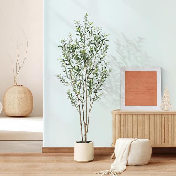 7 ft. Artificial Olive Tree with White Planter, Large Faux Olive Silk Tree for Indoor Home Decor and Housewarming Gift