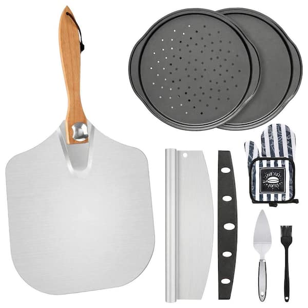 7-Piece Silver Pizza Peel and Pan Set with Foldable Wooden Handle, Stainless Cutter, Server, Mitts and Brush