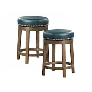 Paran 25 in. Brown Wood Round Swivel Counter Height Stool with Green Faux Leather Seat (Set of 2)