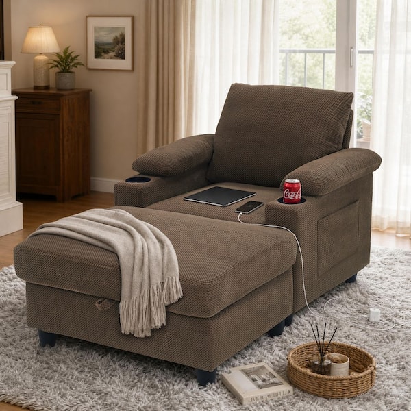 Modern Coffee Upholstered Accent Arm Chair with Storage Ottoman, Reclining Backrest and Cup Holders