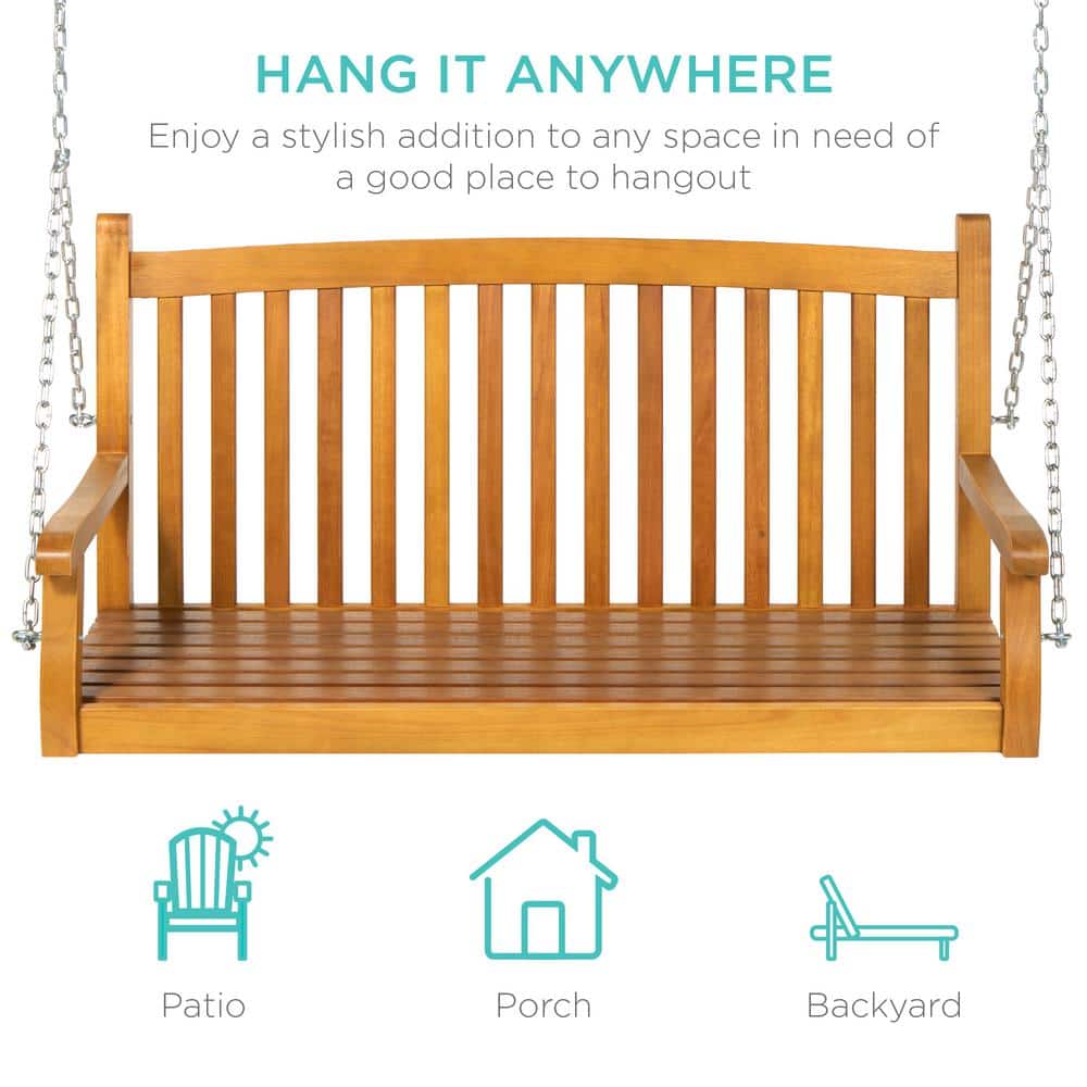 Brown Acacia Wood 48in Outdoor Porch Swing with Chains