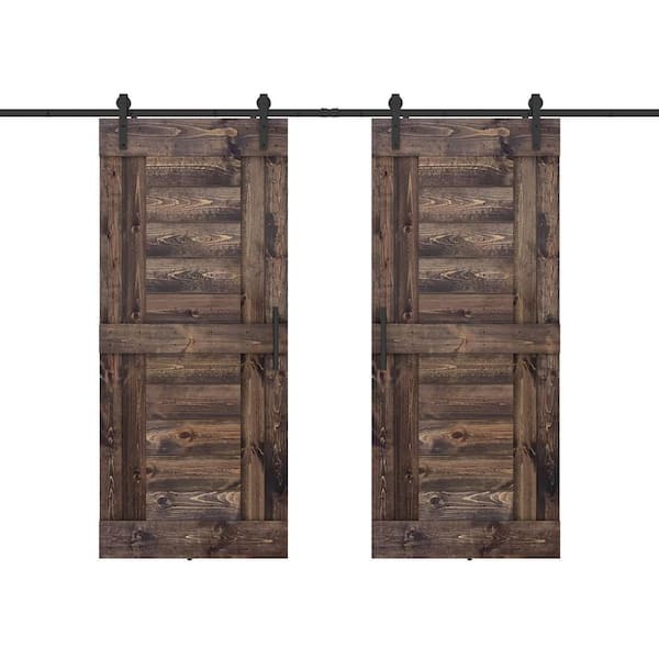 Dessliy Short Bar 72 in. x 84 in. Fully Set Up Dark Brown Finished Pine Wood Sliding Barn Door with Hardware Kit