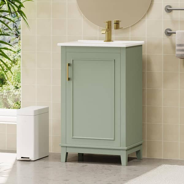 20 in. W Wood Modern Small Bathroom Vanity Cabinet in Green with Ceramic Basin
