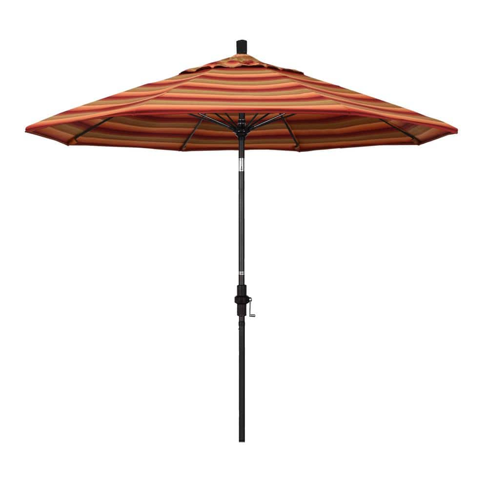 California Umbrella 9 ft. Matted Black Aluminum Collar Tilt Crank Lift Market Patio Umbrella in Astoria Sunset Sunbrella