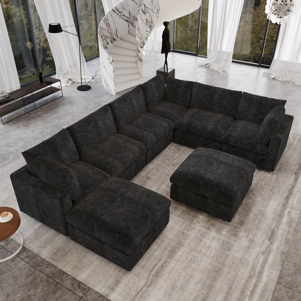 134 in. Wide Square Arm 8-Piece Chenille Modular Free Combination Sofa with Removable Slipcovers and Ottoman in Black