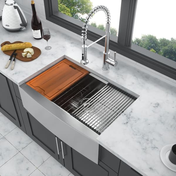 33 in. Farmshouse Single Bowl 16 Gauge Brushed Nickel Stainless Steel Kitchen Sink with Bottom Grid