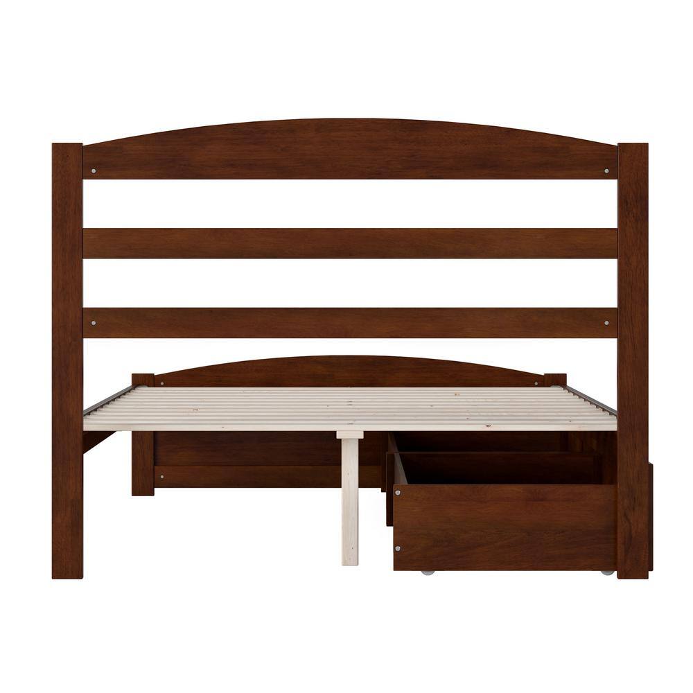 Walnut Full Platform Bed with Storage Drawers and Slatted Headboard